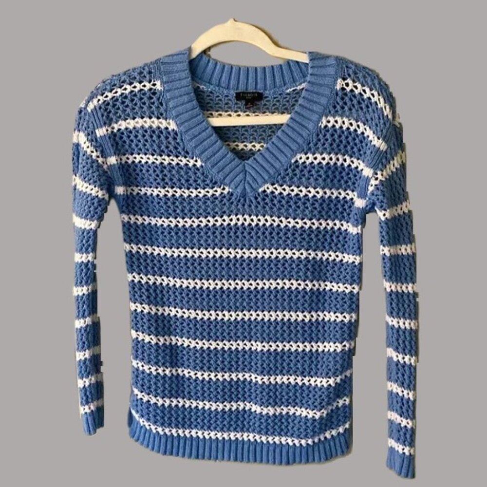Talbots V-Neck Open Stitch Cornflower Blue & White  Cotton Sweater, Size P